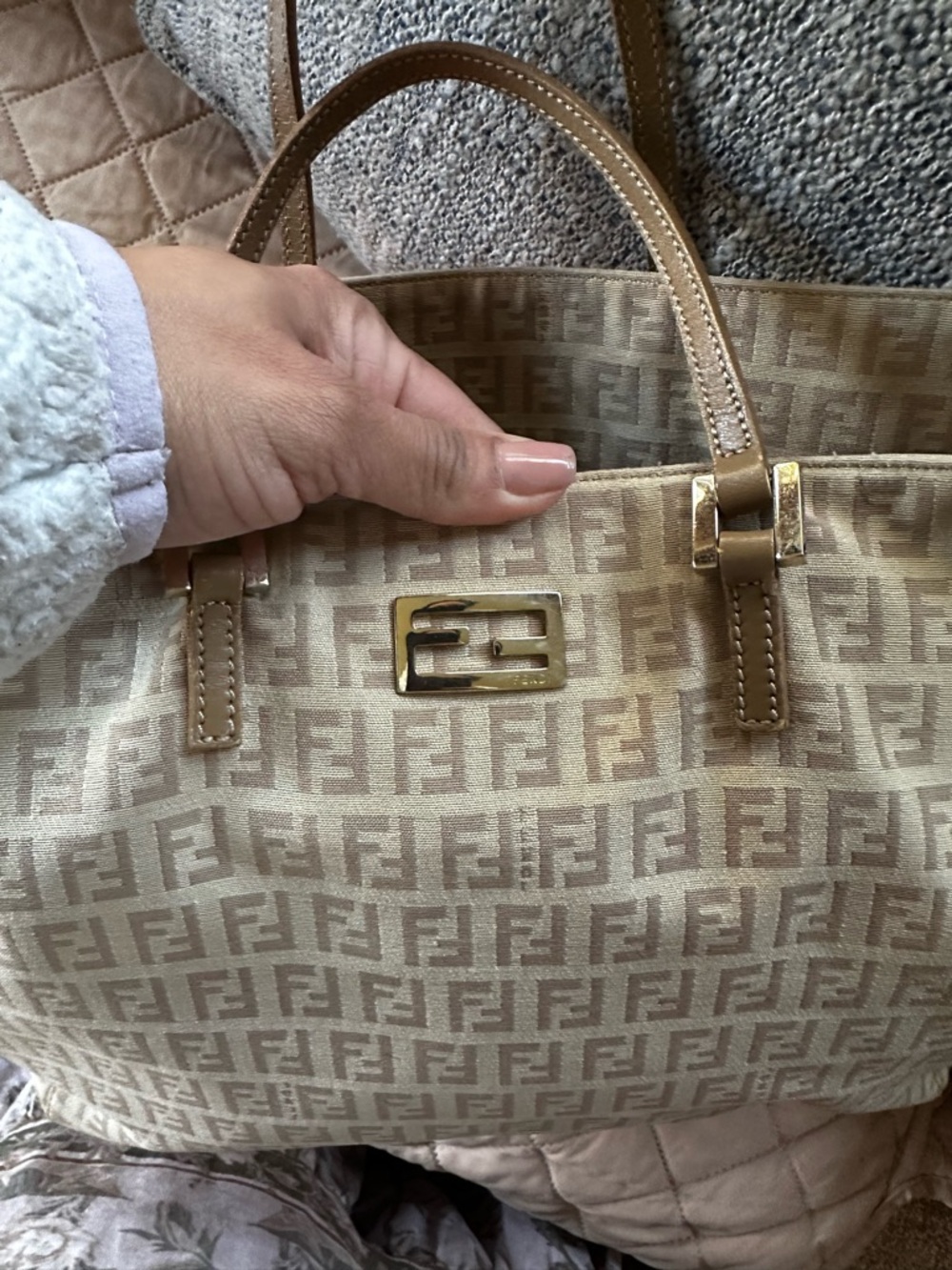 Fendi Beige Monogram Tote with Brown Leather Handles